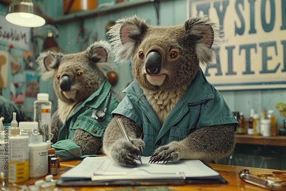 Two Koala Doctors Working in a Clinic Two Koala Doctors Working in a Clinic