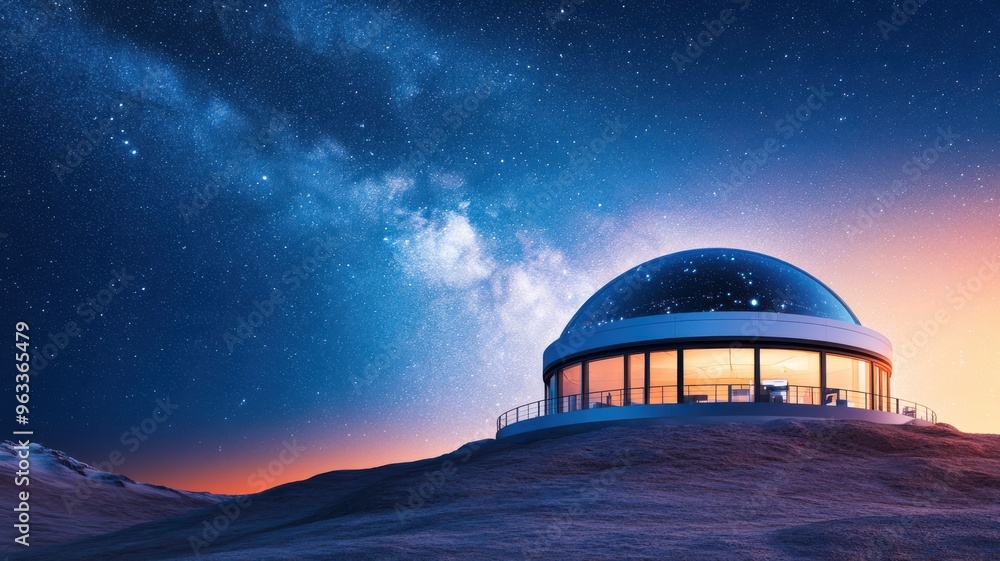 A futuristic dome structure stands under a starry sky, showcasing the beauty of space and innovative architecture at dusk. A futuristic dome structure stands under a starry sky, showcasing the beauty of space and innovative architecture at dusk.