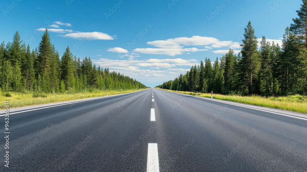 A scenic view of a straight road stretching into the distance, flanked by lush green trees under a clear blue sky. A scenic view of a straight road stretching into the distance, flanked by lush green trees under a clear blue sky.