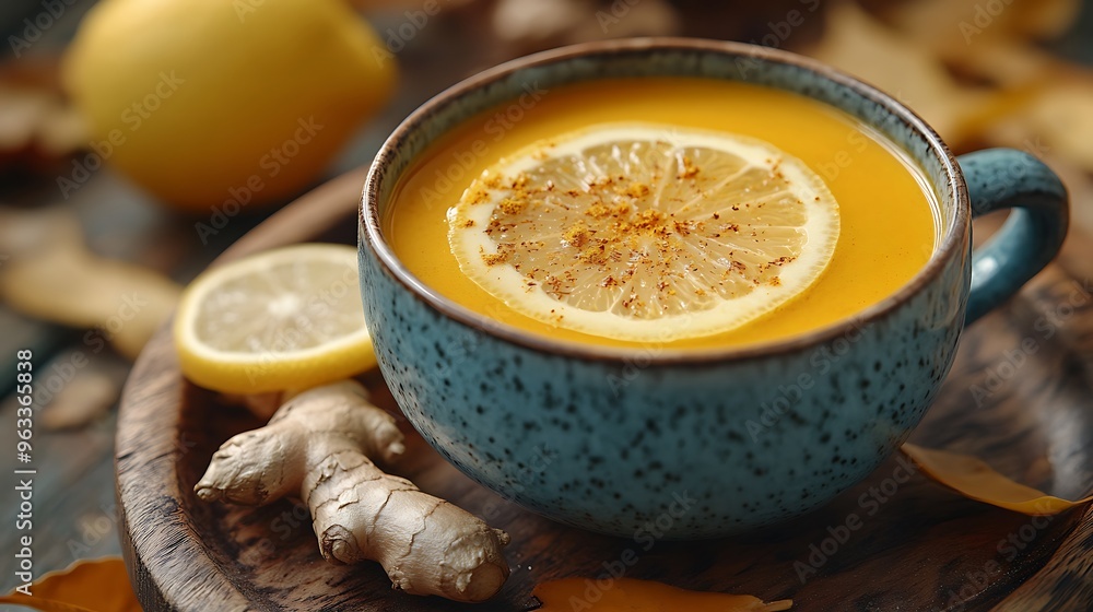 A cup of warm ginger tea with lemon and cinnamon on a wooden table, surrounded by fall leaves. A cup of warm ginger tea with lemon and cinnamon on a wooden table, surrounded by fall leaves.