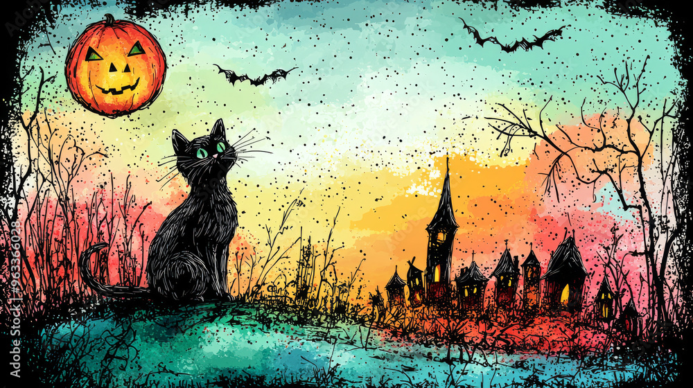 Obraz premium Black cat silhouetted against a spooky Halloween sky.