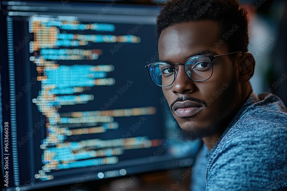 A young man sits at a computer, focused on his work. This image can be used for websites and articles about technology and programming. A young man sits at a computer, focused on his work. This image can be used for websites and articles about technology and programming.