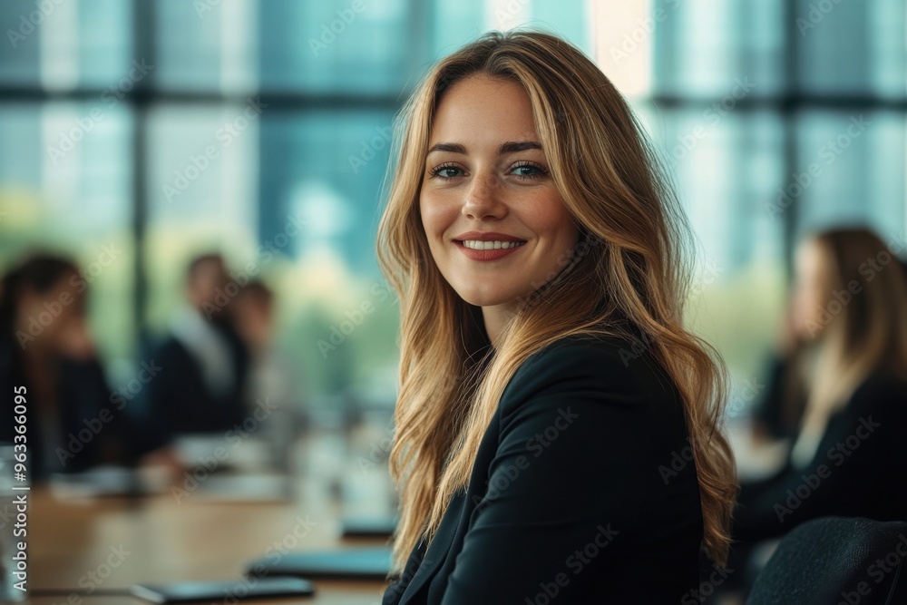 Confident businesswoman smiling in a meeting room Confident businesswoman smiling in a meeting room