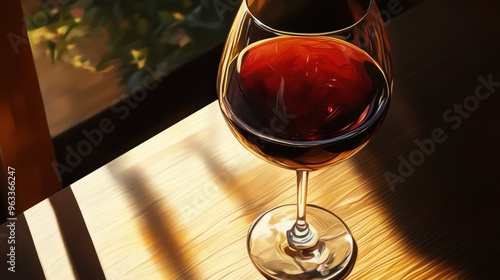 A Glass of Red Wine on a Wooden Table in Sunlight photo