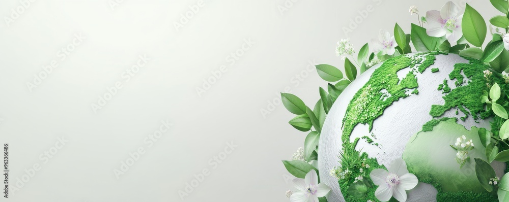 A creative representation of a green earth surrounded by leaves and flowers, symbolizing nature and environmental sustainability. A creative representation of a green earth surrounded by leaves and flowers, symbolizing nature and environmental sustainability.