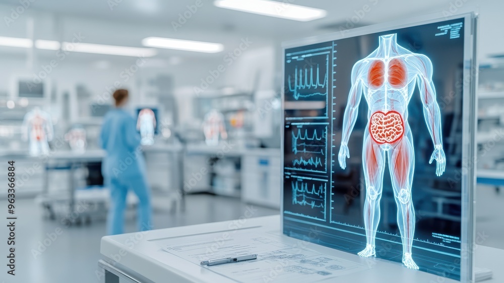 An advanced medical setting showcasing a digital anatomy display with highlighted human organs in a laboratory environment. An advanced medical setting showcasing a digital anatomy display with highlighted human organs in a laboratory environment.