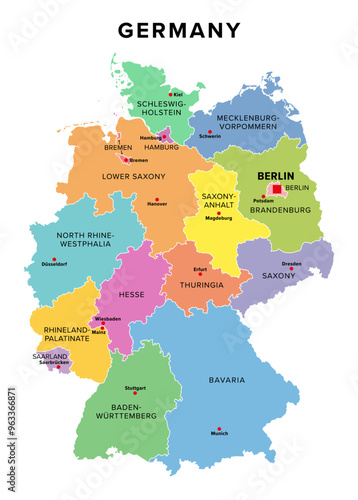 Germany, 16 constituent states with borders and capitals, multi colored political map. The Federal Republic of Germany, a country in Central Europe with capital Berlin. Isolated illustration. Vector