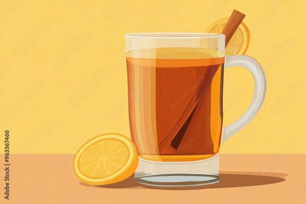 A mug of hot cider with a cinnamon stick and orange slices. A perfect warm drink for a cold day. A mug of hot cider with a cinnamon stick and orange slices. A perfect warm drink for a cold day.