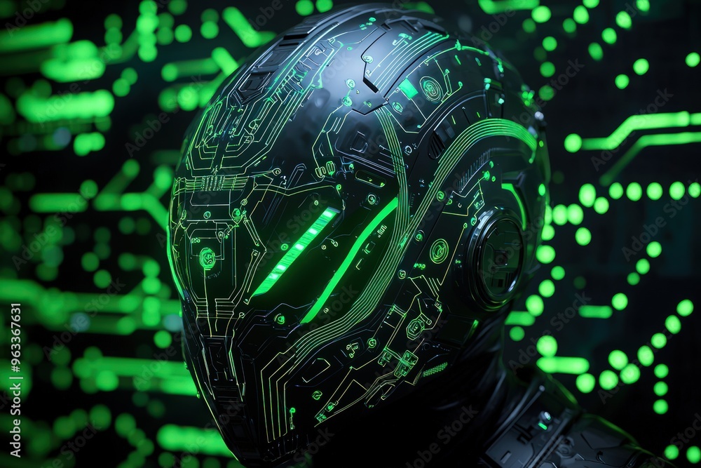 A stylized, futuristic helmet with neon green accents and intricate circuit-like patterns, set against a dark backdrop adorned with similar green circuitry motifs, suggesting high-tech gear A stylized, futuristic helmet with neon green accents and intricate circuit-like patterns, set against a dark backdrop adorned with similar green circuitry motifs, suggesting high-tech gear