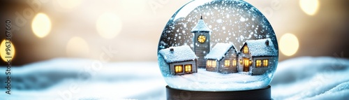 A charming snow globe featuring a picturesque winter village with softly glowing windows, creating a magical seasonal atmosphere.