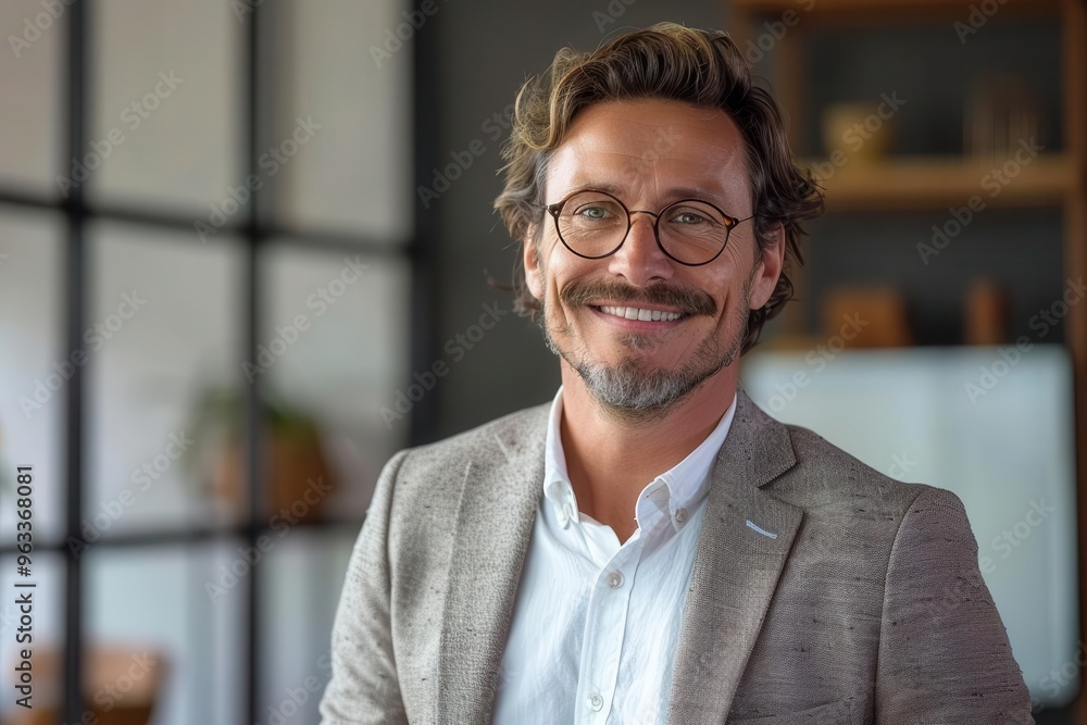 A confident business leader, exuding assurance while giving a presentation in a minimalist office with a blank background A confident business leader, exuding assurance while giving a presentation in a minimalist office with a blank background