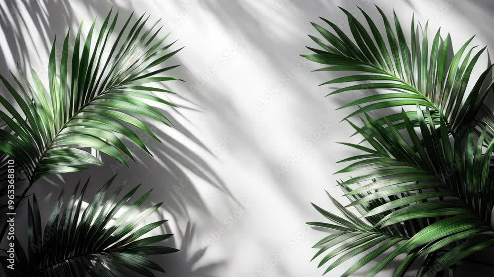 Light gray palm leaves on white background with space for text. Light gray palm leaves on white background with space for text.