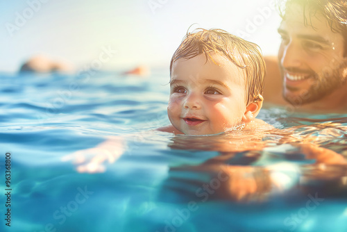 Smiling Baby Swimming in the Ocean with Father, Enjoying a Sun-filled Summer Day photo