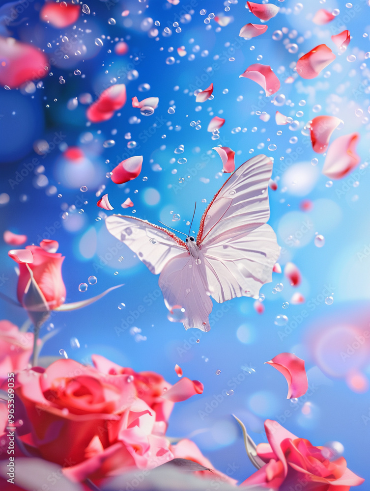 Fototapeta premium White butterfly fluttering amidst red roses, suspended in air, enveloped in glowing pink light spots, set against a sparkling backdrop, showcasing exquisite details, 