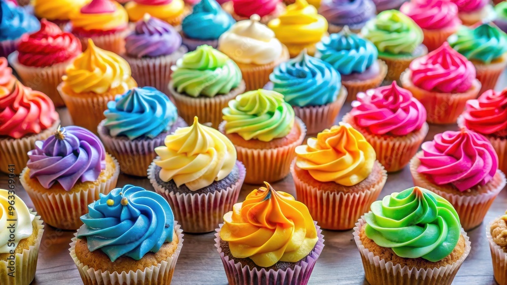 Colorful cupcakes arranged neatly on a table display Colorful cupcakes arranged neatly on a table display