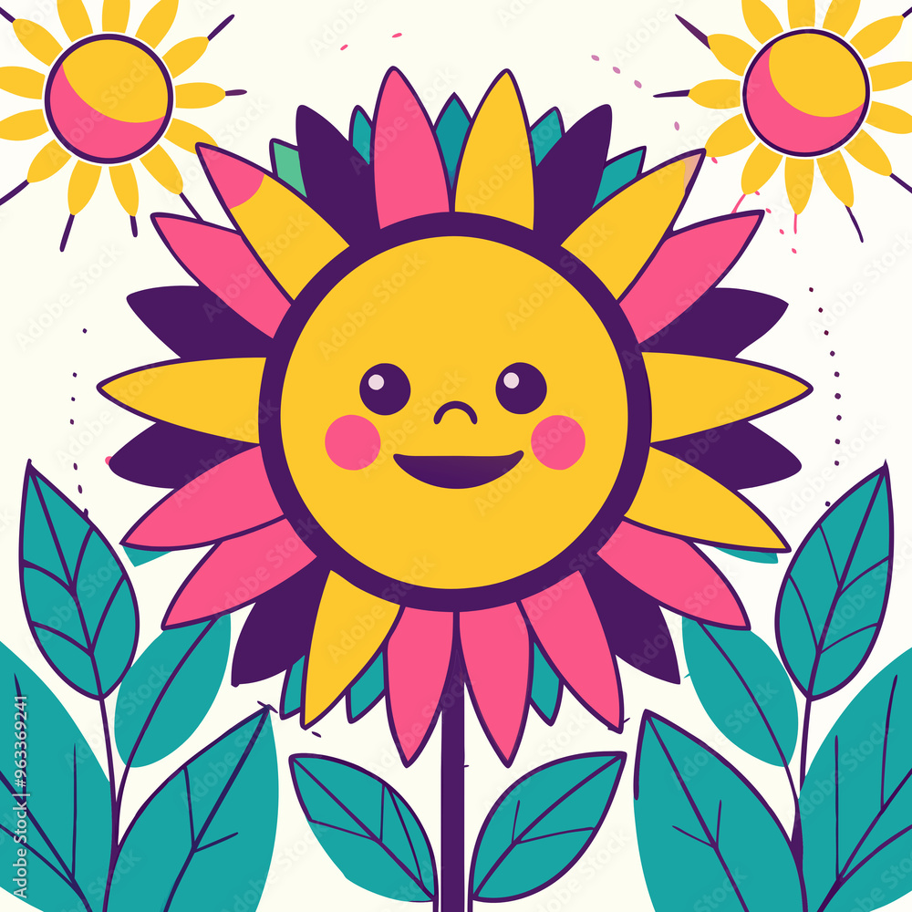 Playful sun and flowers illustration, cheerful mood, vibrant pop art design with happy faces Playful sun and flowers illustration, cheerful mood, vibrant pop art design with happy faces