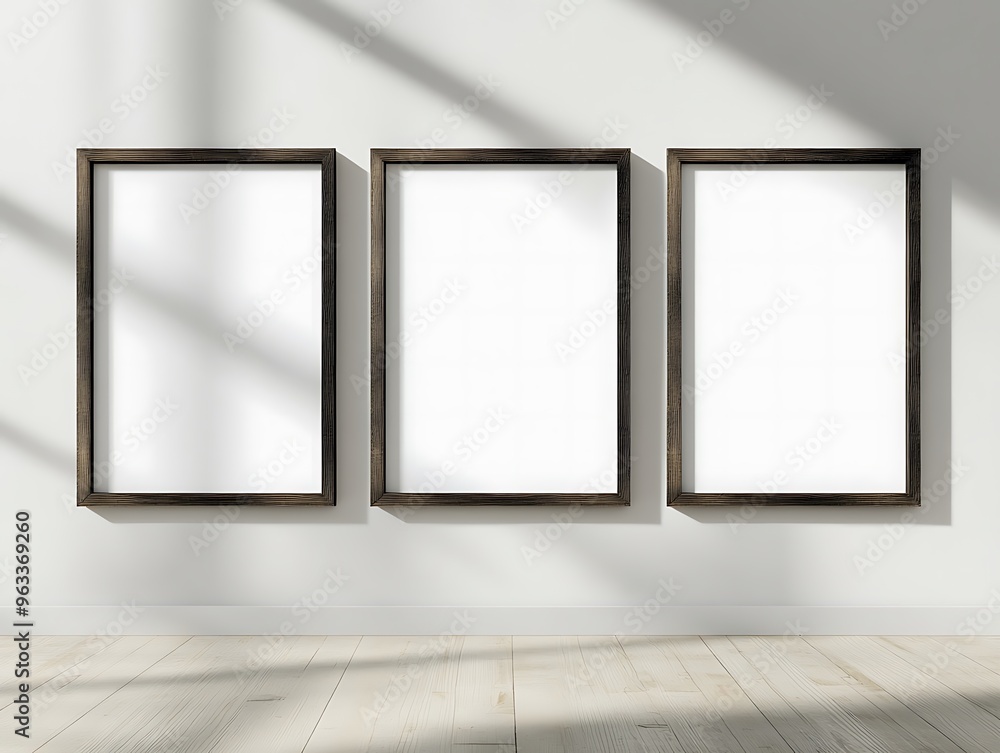 Three mock-up empty poster frame black border close-up on wall paint Three mock-up empty poster frame black border close-up on wall paint