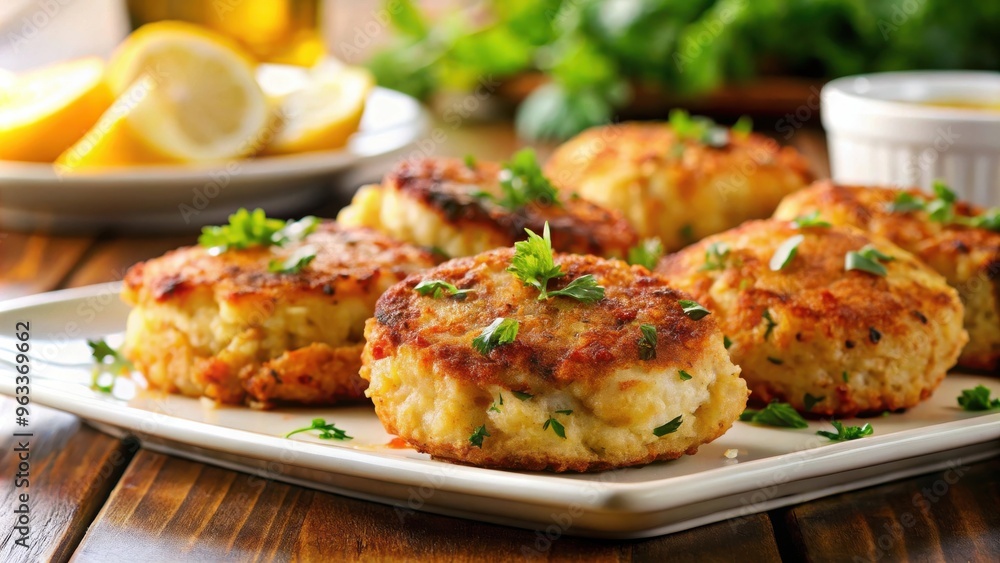 Delicious Chicago style crab cakes on platter with blurred dining backdrop Delicious Chicago style crab cakes on platter with blurred dining backdrop