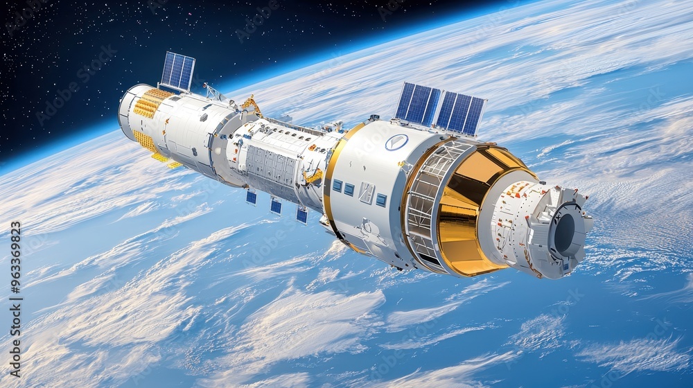 Fototapeta premium Futuristic Massive Orbital Solar Power Satellite Assembly Facility in Deep Space