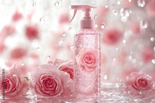 A spray bottle adorned with a delicate rose pattern, surrounded by water droplets and pink roses, enhancing the theme of beauty and care.