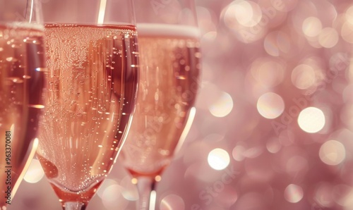 Fototapeta Naklejka Na Ścianę i Meble -  Pink rose champagne glasses close up, bokeh lights background. New year, Valentines day celebration toast festive rose gold blur pink champagne sparkle glitter web banner copy space
