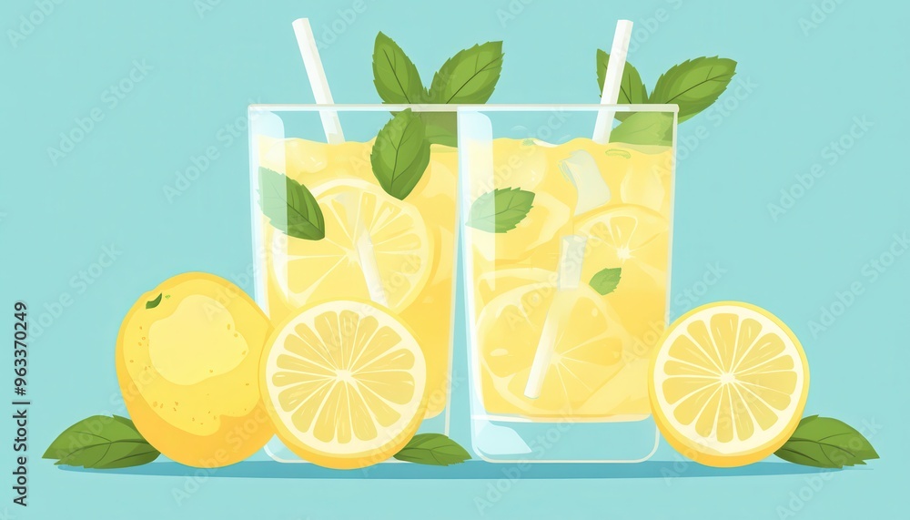 Two glasses of refreshing lemonade with ice, lemon slices and mint leaves. Perfect for summer drinks and beverage concepts. Two glasses of refreshing lemonade with ice, lemon slices and mint leaves. Perfect for summer drinks and beverage concepts.