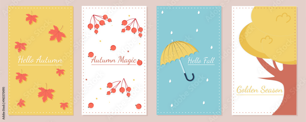 Autumn minimalistic covers or cards set. Text and seasonal elements on isolated background. Vector illustration templates. Autumn minimalistic covers or cards set. Text and seasonal elements on isolated background. Vector illustration templates.