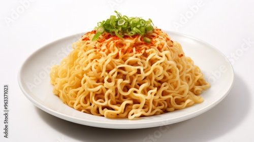 Isolated instant noodles in white bowl. Cooked instant noodles with vegetables in bowl isolated on white background. Neural network ai generated art