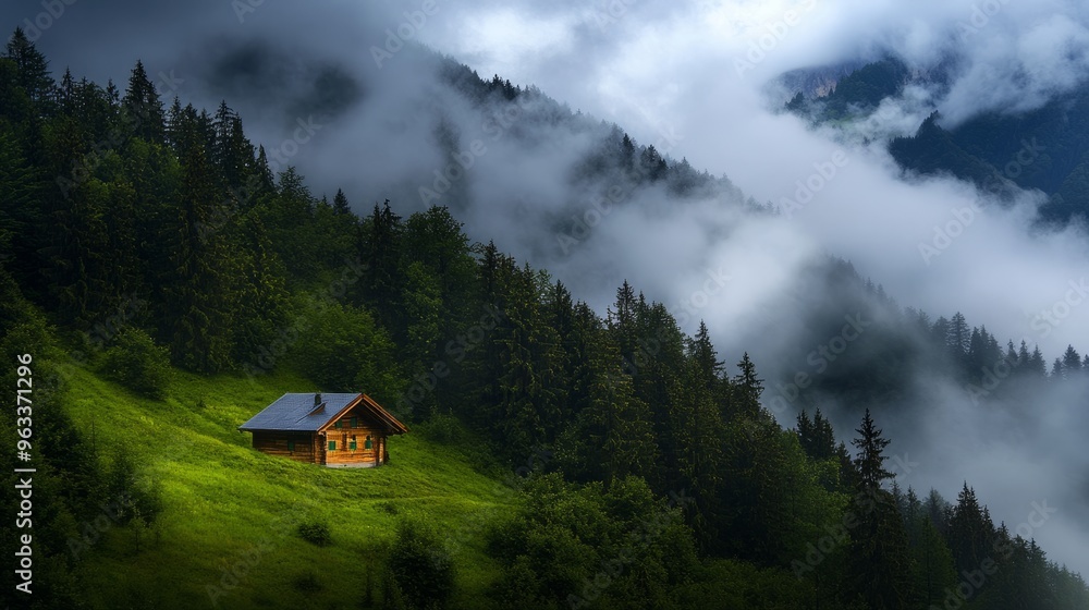 bird's eye view, in the fog, mountain hut, sky, clouds, nature, landscape, storm, cloud, mountain, tree, weather,  forest, trees, fog, sunset, dark, mountains, cloudscape, mist, summer, rain, blue, 