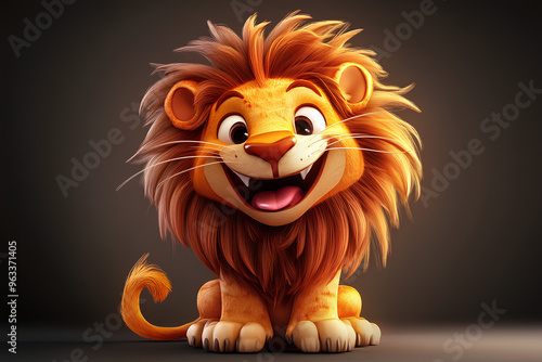 A cute, cartoon lion with a big smile and brown fur sits on a dark background.