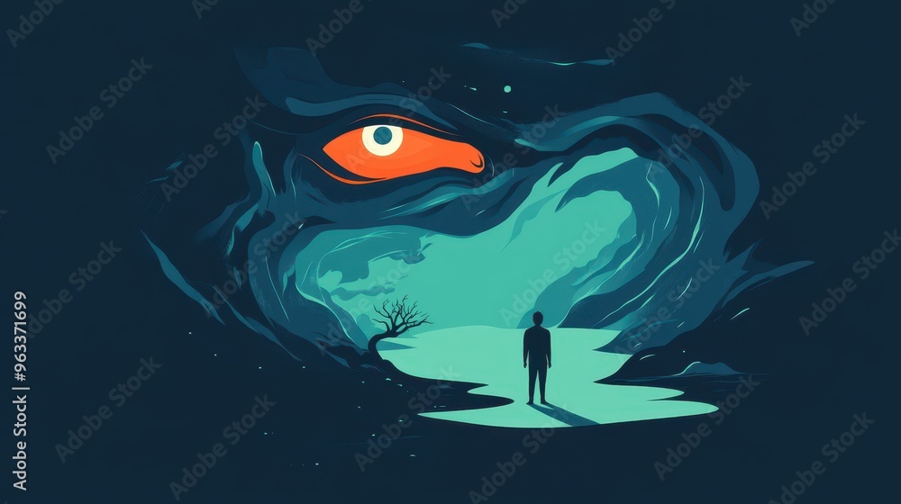 A lone figure stands before a menacing, shadowy figure with a single, glowing red eye. The scene is dark and ominous, evoking a sense of fear and uncertainty. A lone figure stands before a menacing, shadowy figure with a single, glowing red eye. The scene is dark and ominous, evoking a sense of fear and uncertainty.