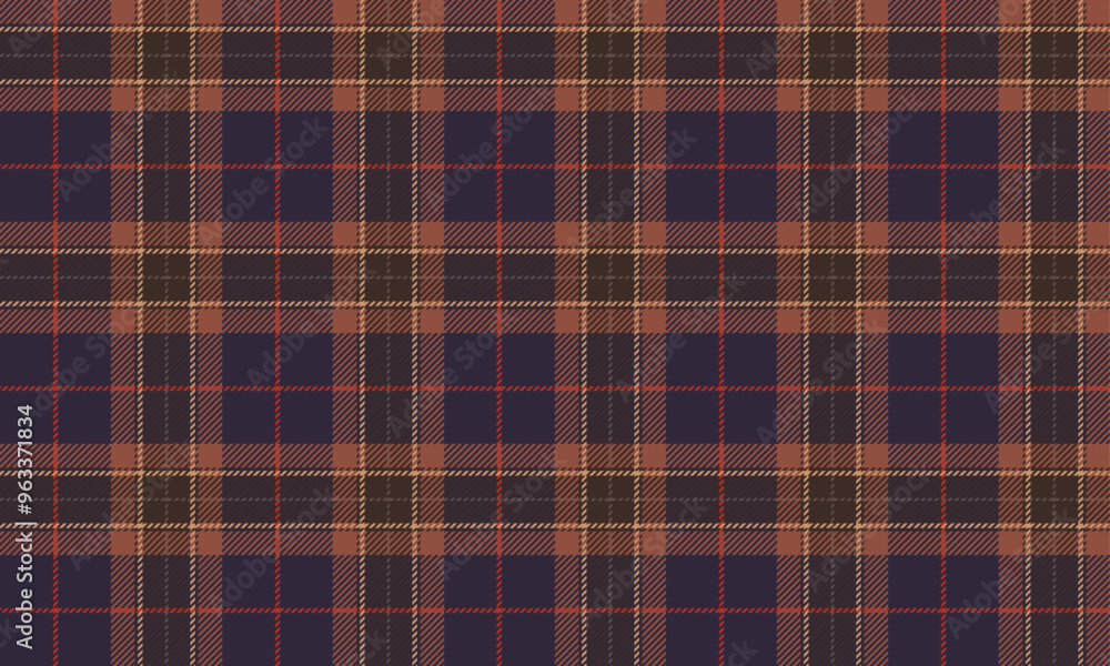 Obraz premium Plaid fabric pattern, purple, orange, brown, yellow, seamless for textile and design clothes skirt pants apron tablecloth blanket or decoration. Vector illustration.