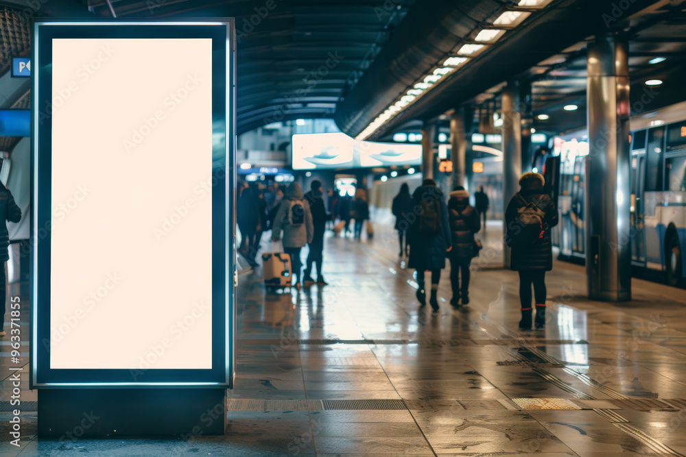 People walking by an empty billboard in a subway station People walking by an empty billboard in a subway station