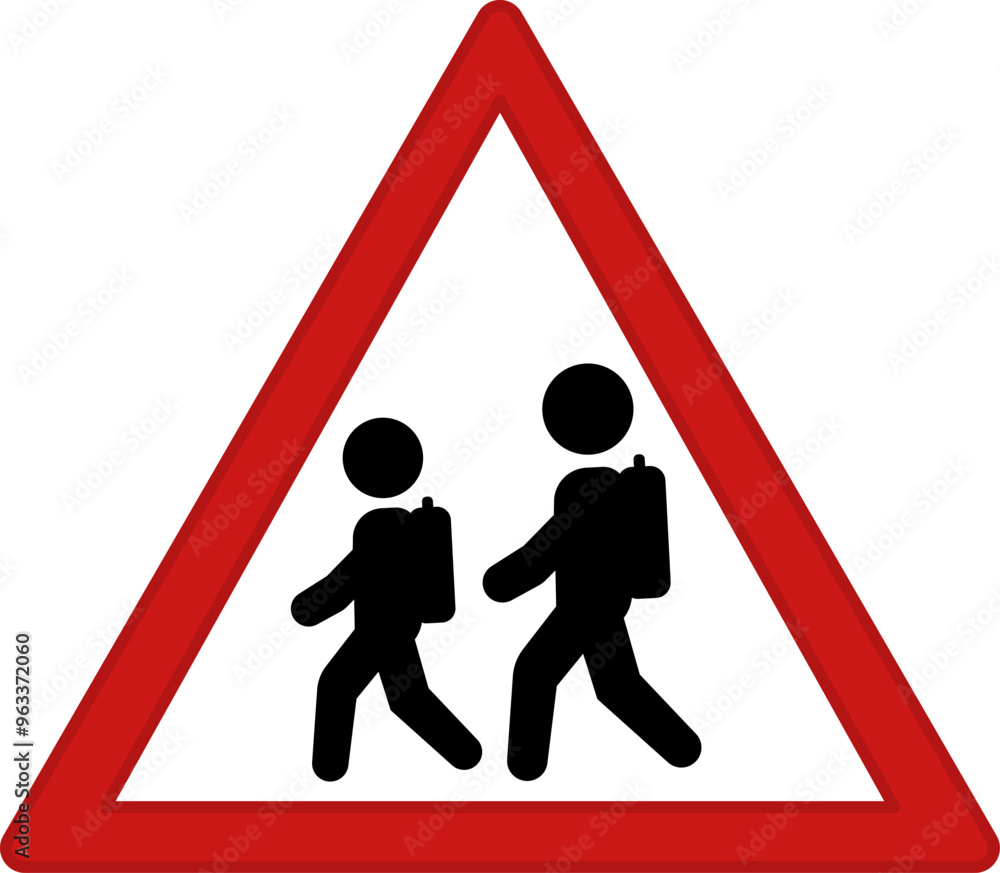 Red Sign Caution School Crossing. Warning Road Sign. Children With School Backpacks Going To School. Vector Icons Red Sign Caution School Crossing. Warning Road Sign. Children With School Backpacks Going To School. Vector Icons