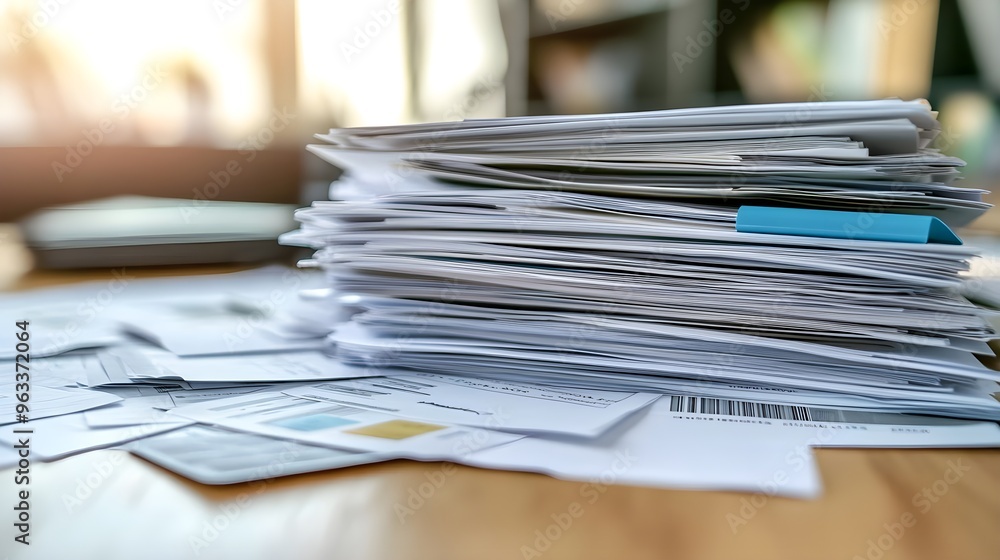 A cluttered desk scene featuring a tall stack of papers, showcasing organization challenges in an office environment. A cluttered desk scene featuring a tall stack of papers, showcasing organization challenges in an office environment.