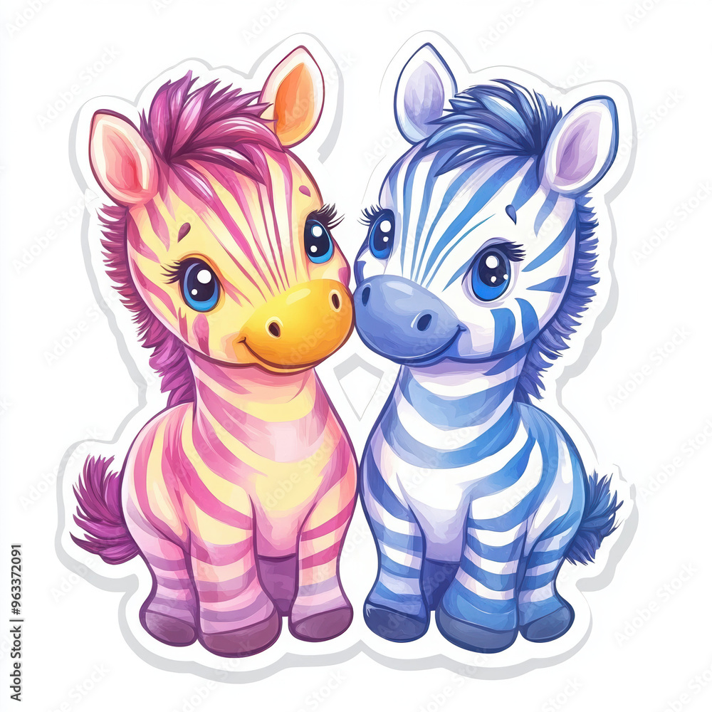 Obraz premium zebra animal colorful art sticker illustration wildlife design portrait cute two zebras vibrant colors animal lovers creative art hand-drawn