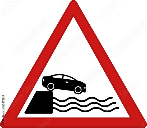 Departure to Embankment Red Sign. Danger Road Sign. Car Falling into Water. Driver Warning. Vector Icons