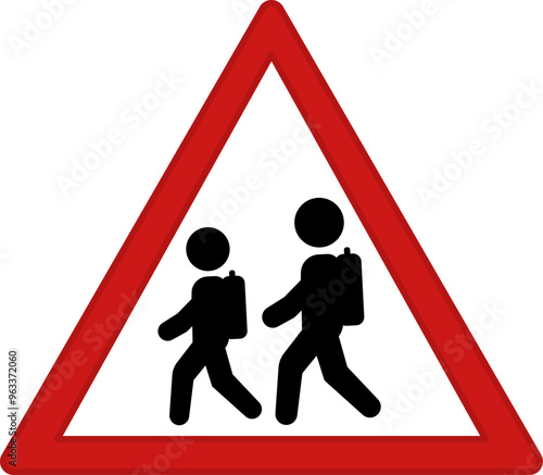 Red Sign Caution School Crossing. Warning Road Sign. Children With School Backpacks Going To School. Vector Icons