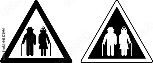 Signs Elderly People. Warning Road Sign. Black and White Vector Icons