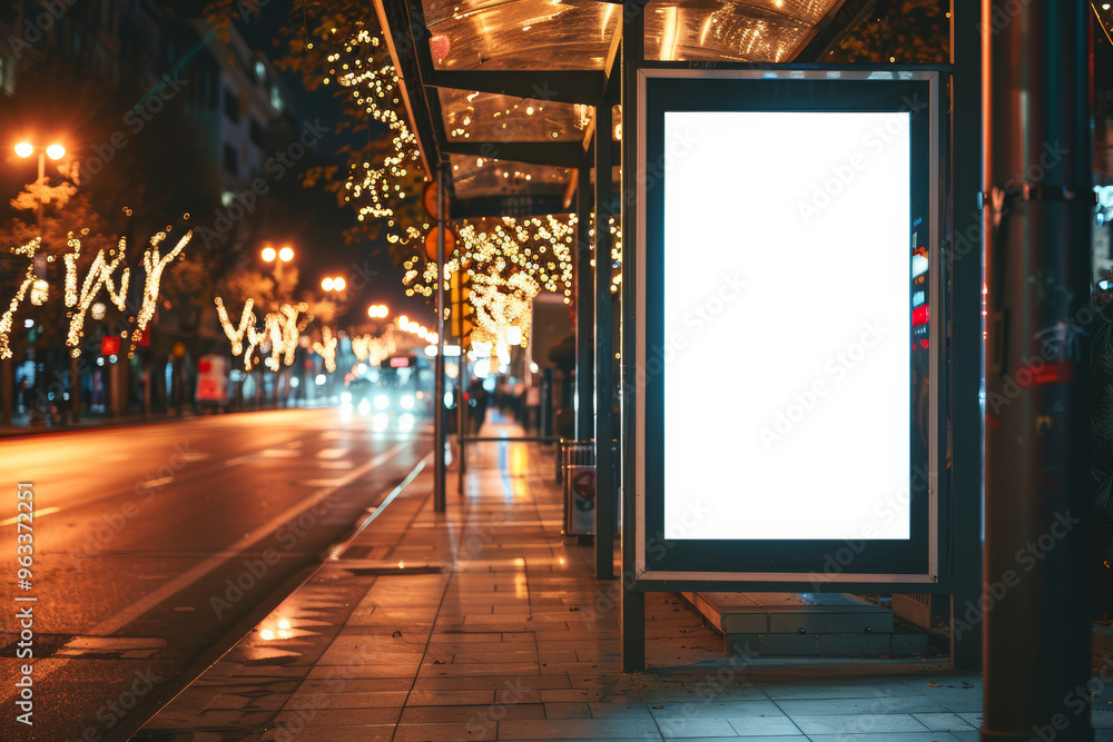 Empty billboard at bus stop lighting up the night Empty billboard at bus stop lighting up the night