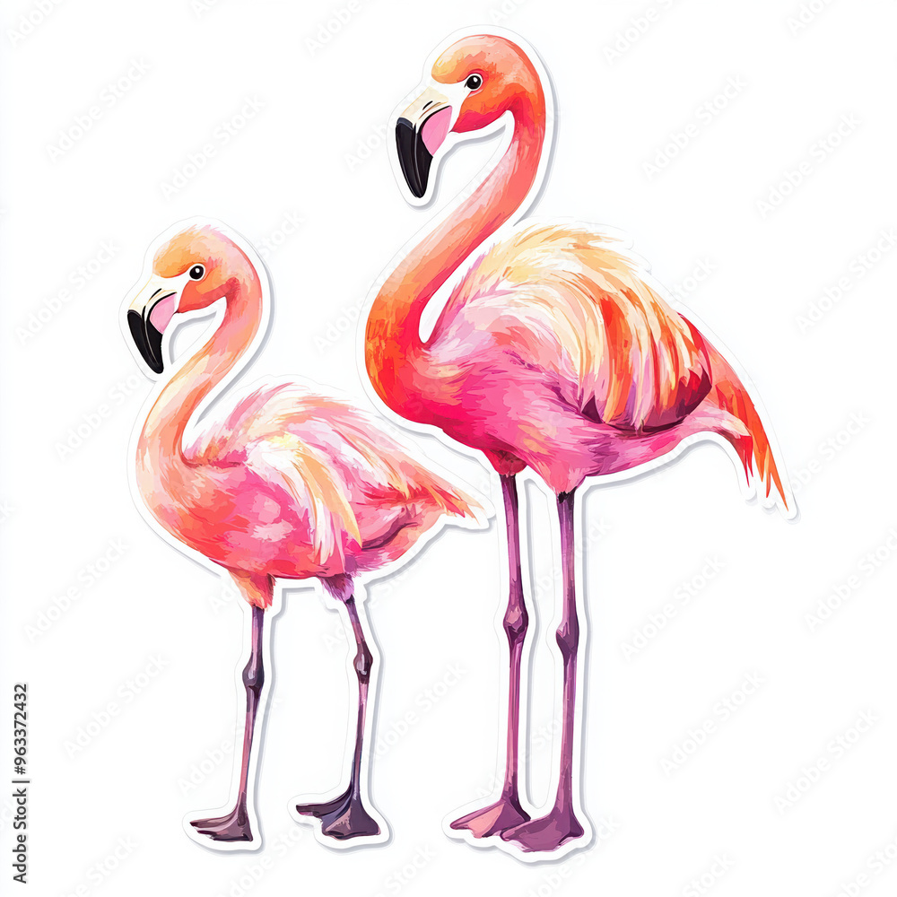 Obraz premium flamingo bird pink animal nature tropical wildlife illustration art decoration exotic beautiful standing feathers bright colors two birds 