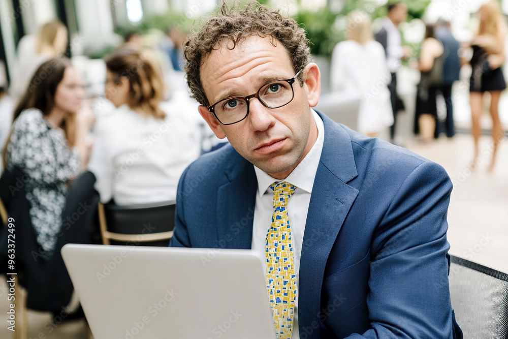 Man working on laptop in conference hall during busy event Man working on laptop in conference hall during busy event