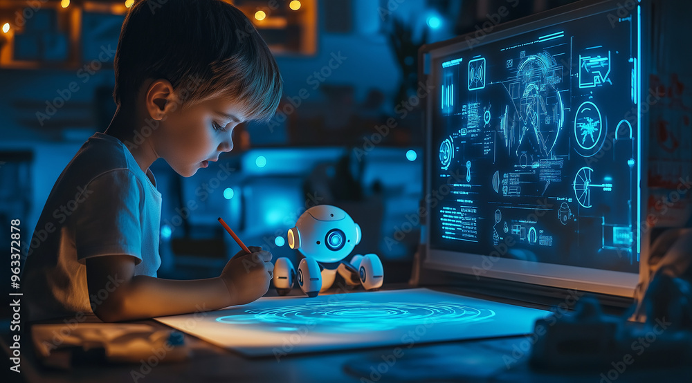 A boy drawing on a holographic desk with his AI robot, surrounded by futuristic tech and glowing digital blueprints.
A boy drawing on a holographic desk with his AI robot, surrounded by futuristic tech and glowing digital blueprints.