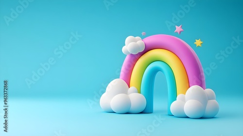 A colorful, playful rainbow arching over fluffy clouds against a vibrant blue background, perfect for cheerful designs and children's themes.