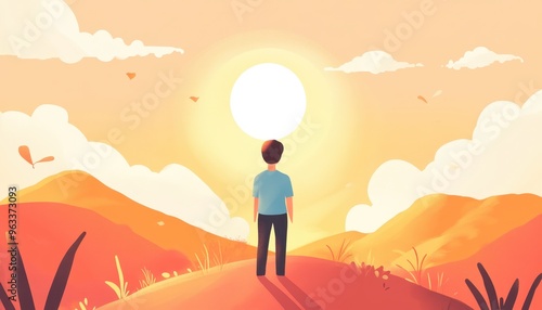 A man stands on a hilltop, gazing at the sunset over rolling hills. The sky is ablaze with orange and yellow hues.