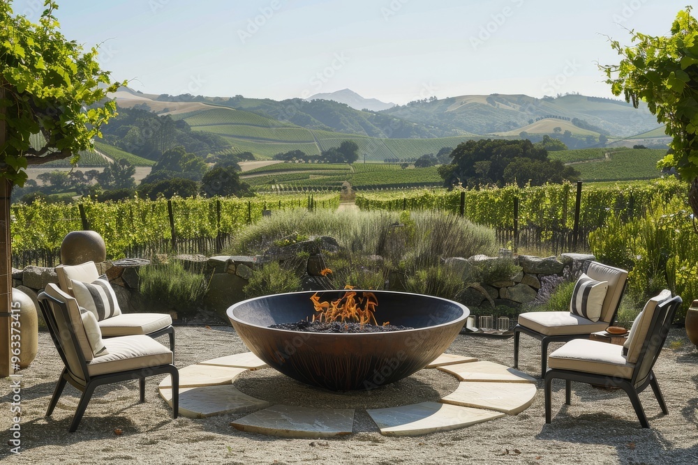 Fototapeta premium Outdoor living space in Dallas, Texas with an indoor fireplace, covered patio, stone wall, lush green grass, and decorative lighting creating a cozy evening ambiance. 