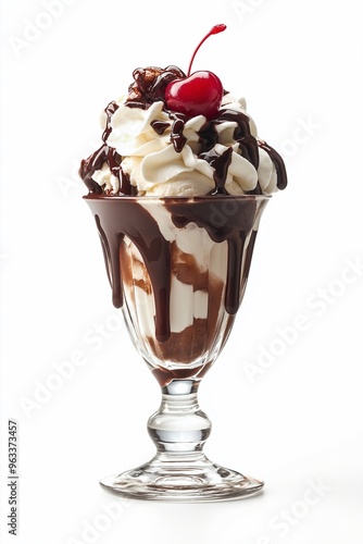 A ice cream sundae in a glass dish with whipped cream, a cherry, and drizzled with chocolate syrup isolated on white background