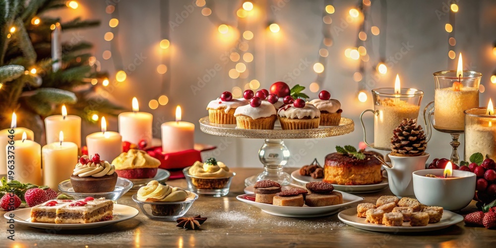 Festive table setting with assortment of desserts, pastries, candles, and decorative lights Festive table setting with assortment of desserts, pastries, candles, and decorative lights