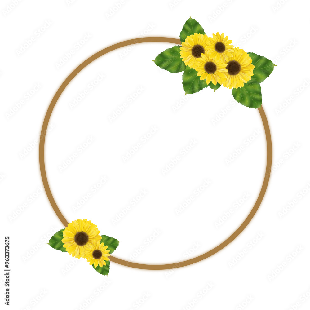 Sunflowers with leaves round frame illustration .