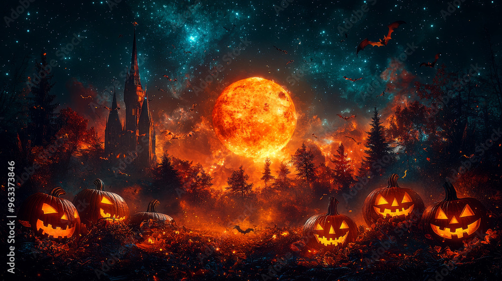 Spooky Halloween scene with pumpkins and a full moon. Spooky Halloween scene with pumpkins and a full moon.